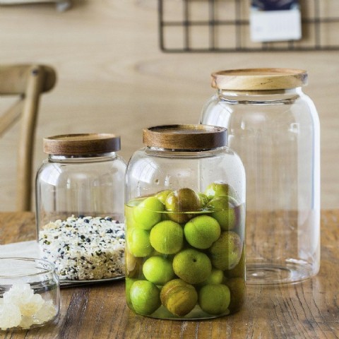 Tarro de almacenamiento de alimentos de vidrio resistente al calor de alta calidad de almacenamiento multifunción con tapa de madera